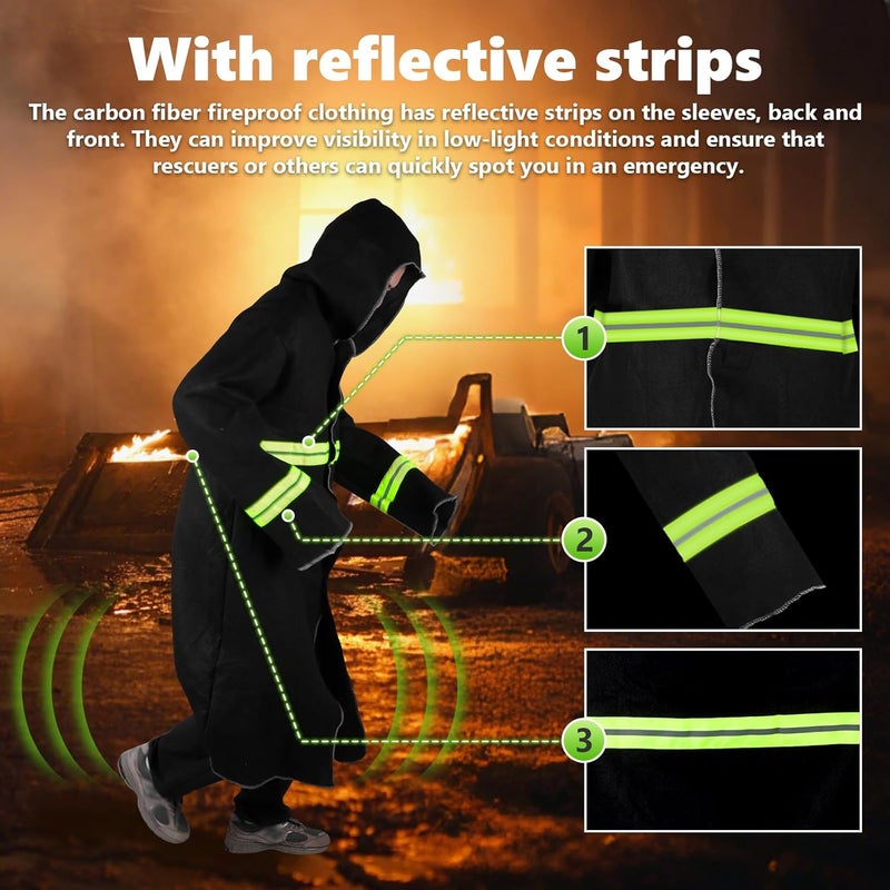 Consfly Carbon Fiber Fireproof Suit 1832°F Heat Resistant Suit with Reflective Stripes & Hood, Fireproof Cloak for Home Factory - Image 4